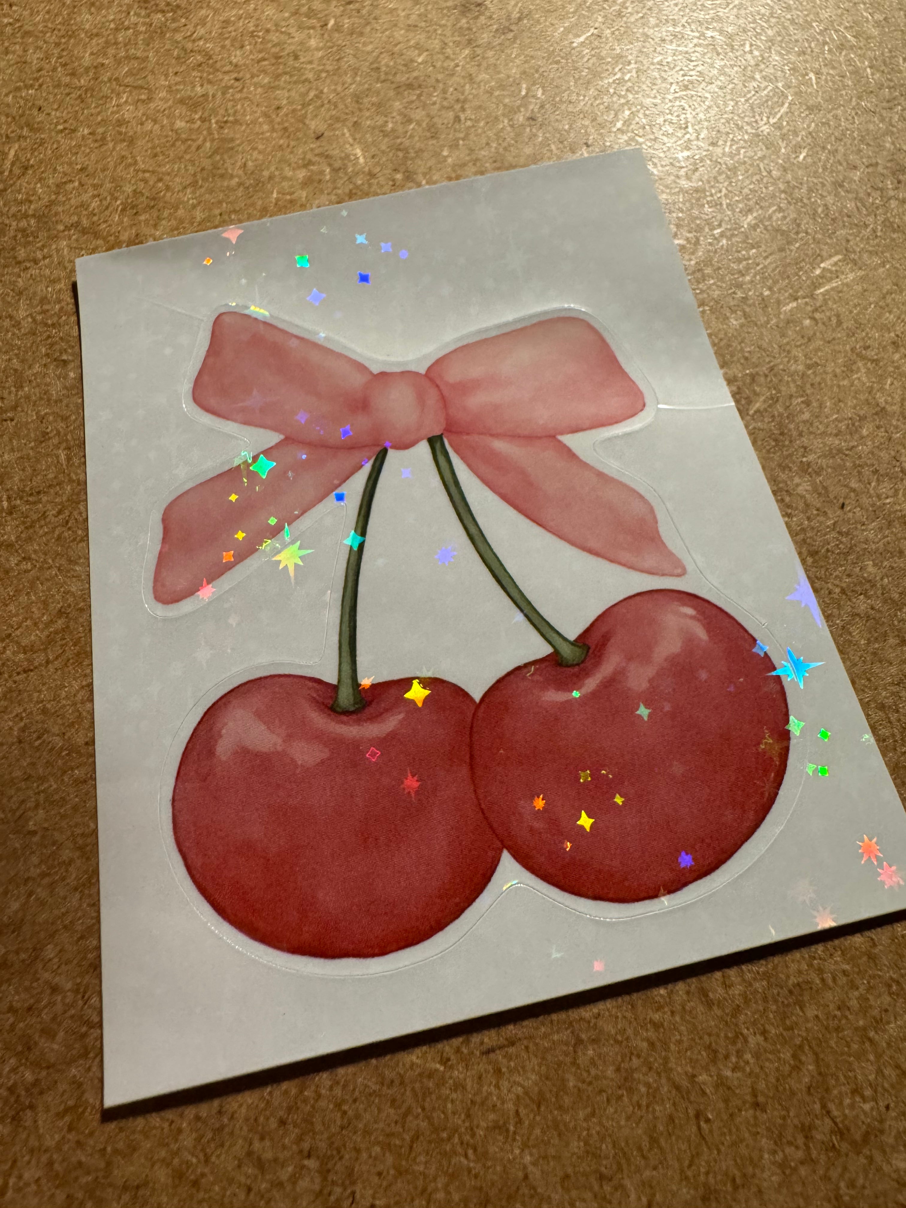 Cherry & Bow Laptop Sticker - w/ iridescent glitter